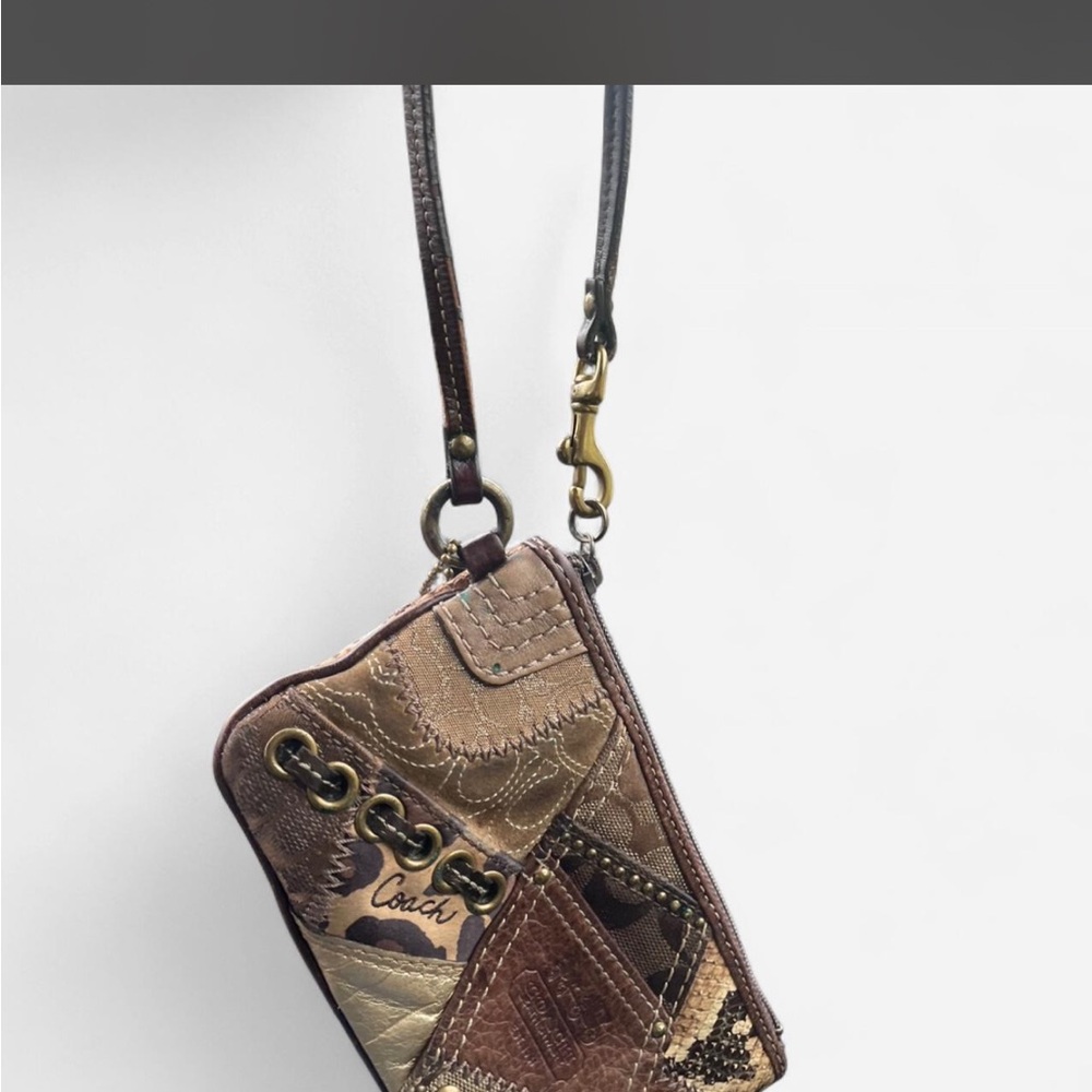 Coach Patchwork Leather Wristlet in Brown and Tan
